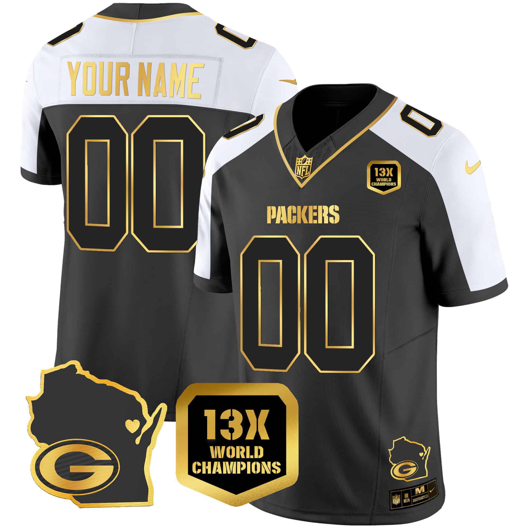 Men Green Bay Packers Black Gold 2024 Nike World Champions Home Patch Vapor Custom NFL Jersey